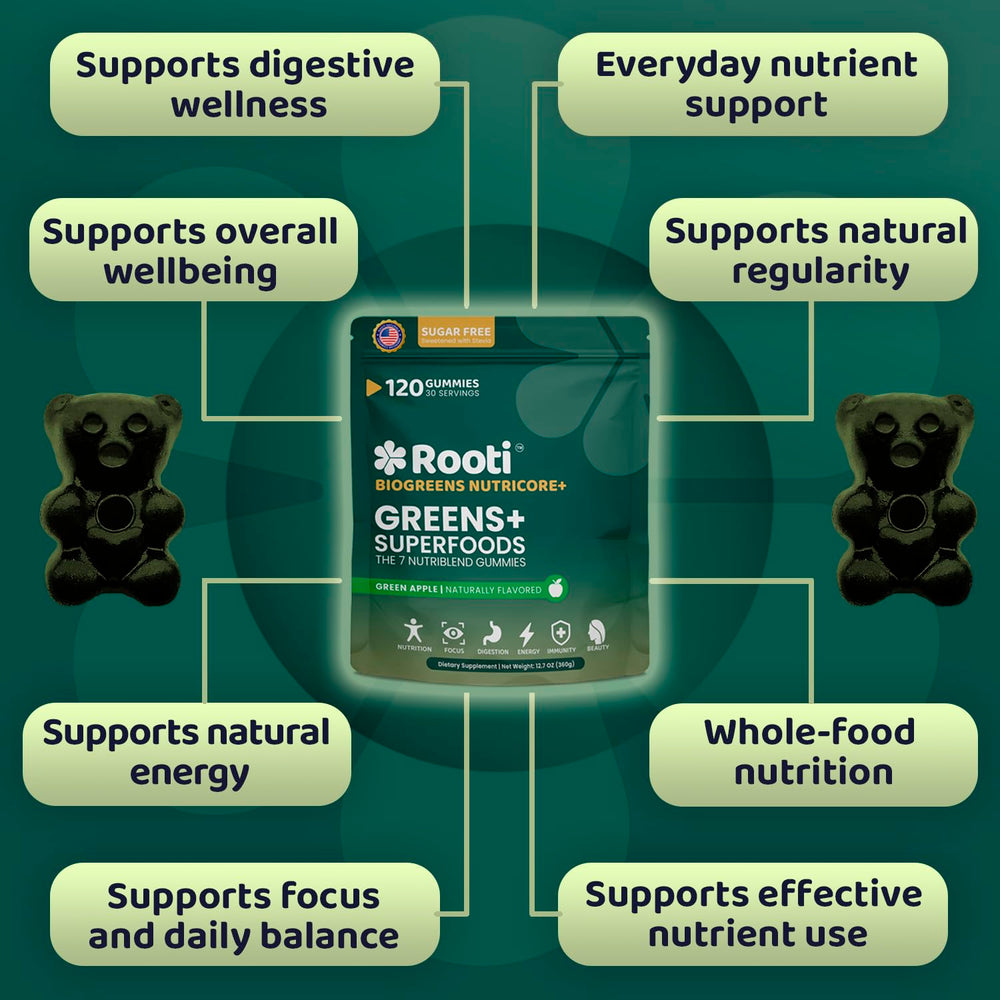 ROOTI Super Greens Gummies Apple flavor close-up, zero sugar and tasty greens.
