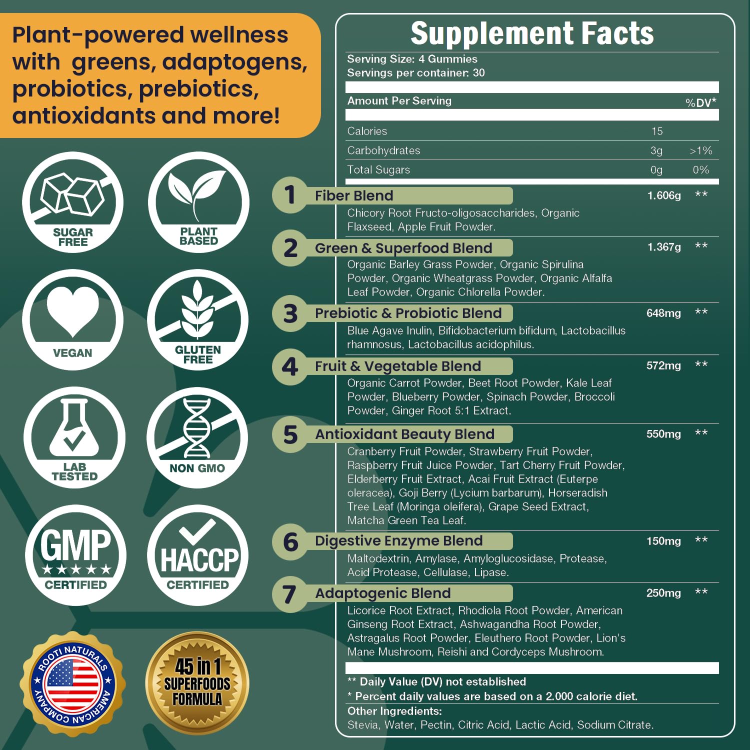 ROOTI Super Greens gummies with mushroom blend on bottle for mental clarity.