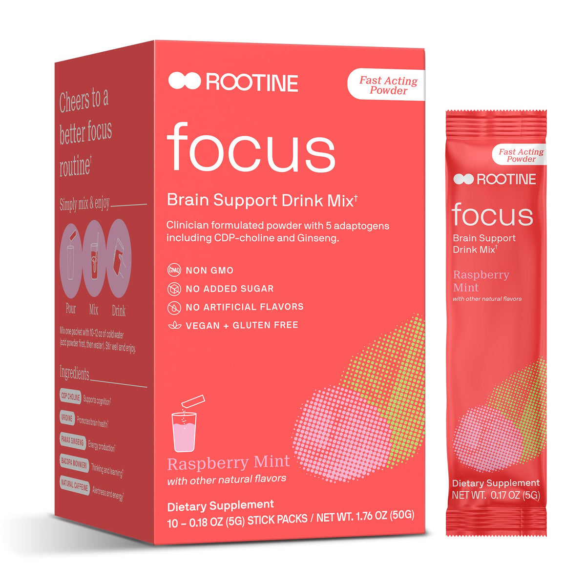 Rootine Focus bottle being poured into a glass for a quick energy moment