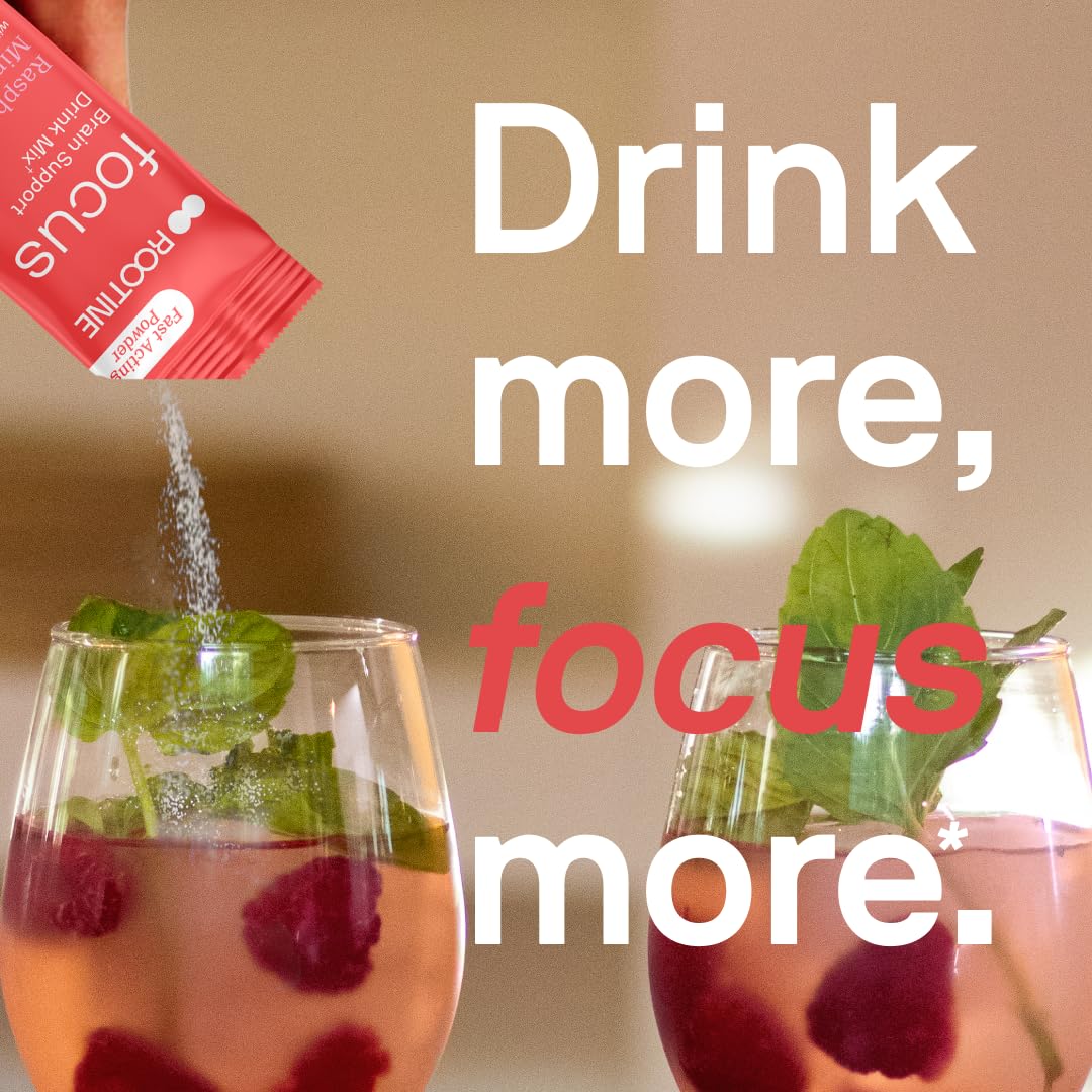 Rootine Focus bottle highlighting natural caffeine content for a gentle lift