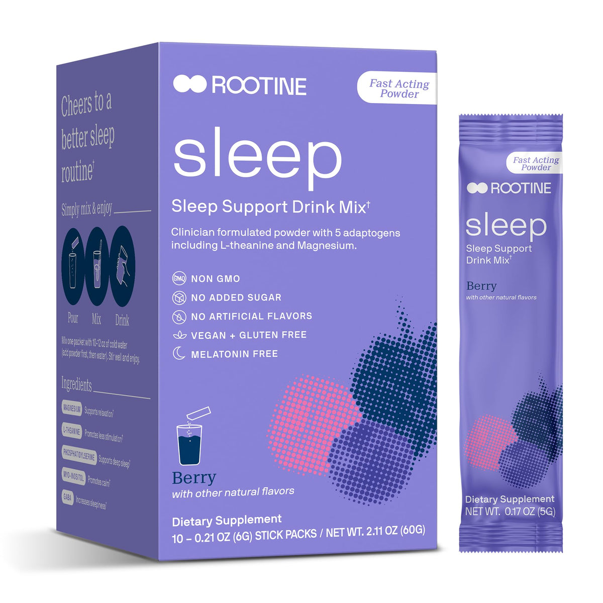 Rootine Sleep Calm powder tub shown for easy bedtime routine and fast-acting relaxation.