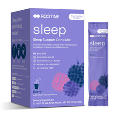 Rootine Sleep Calm powder tub shown for easy bedtime routine and fast-acting relaxation.