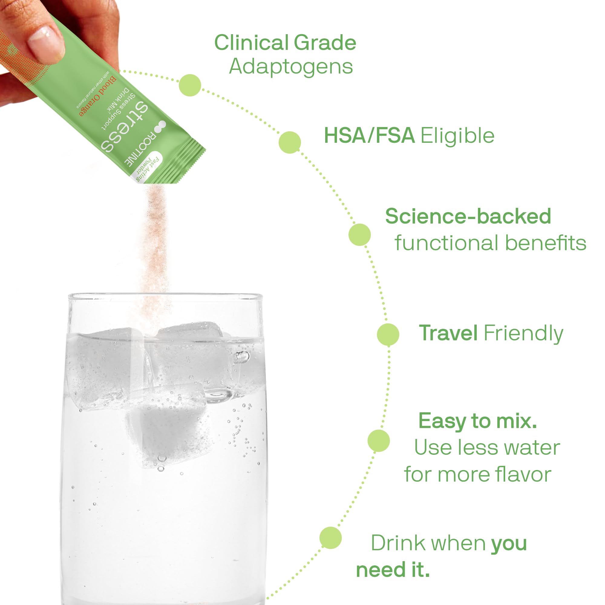 Rootine Stress Support closeup ingredients show natural adaptogens for resilience