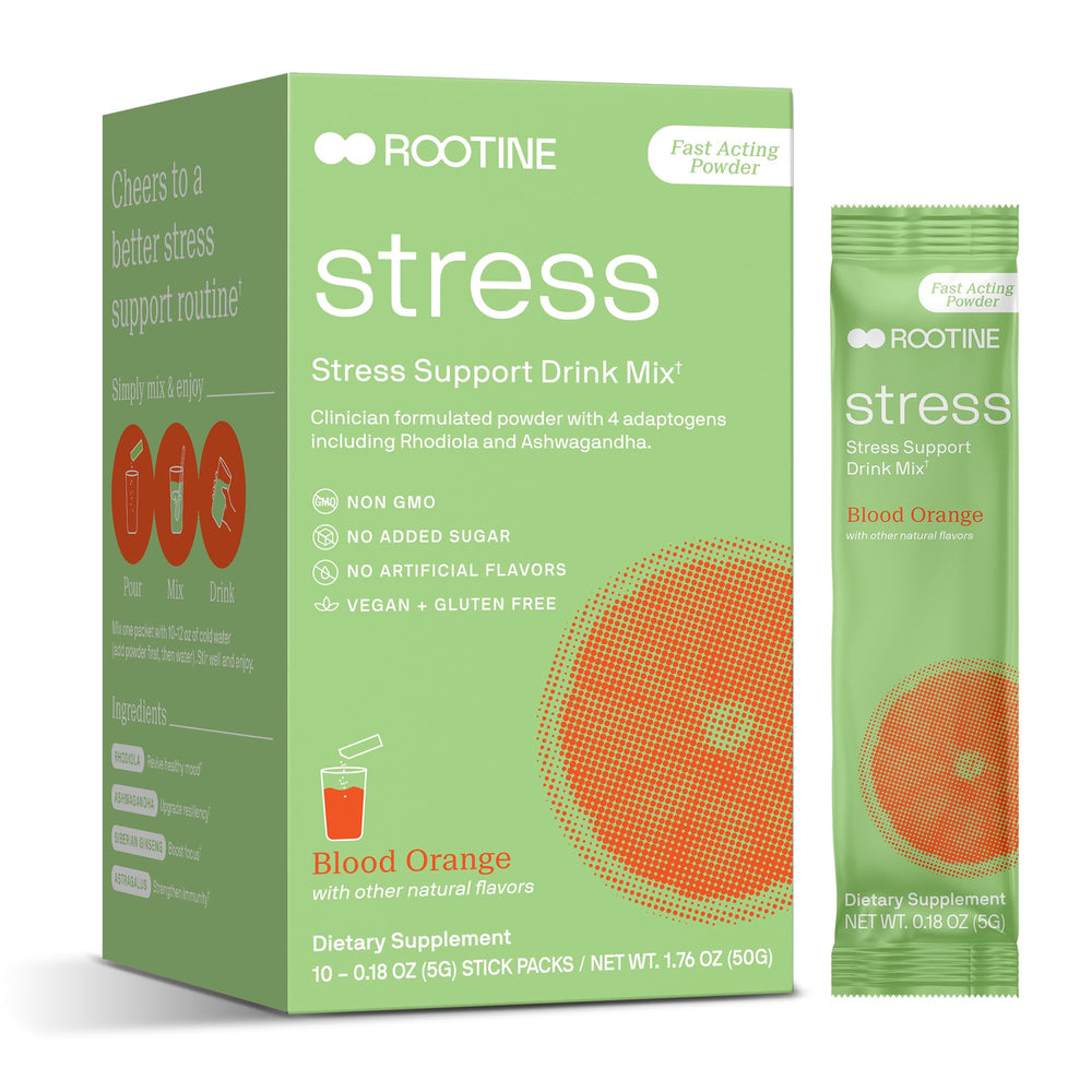 Rootine Stress Support packet beside glass for a convenient calm drink