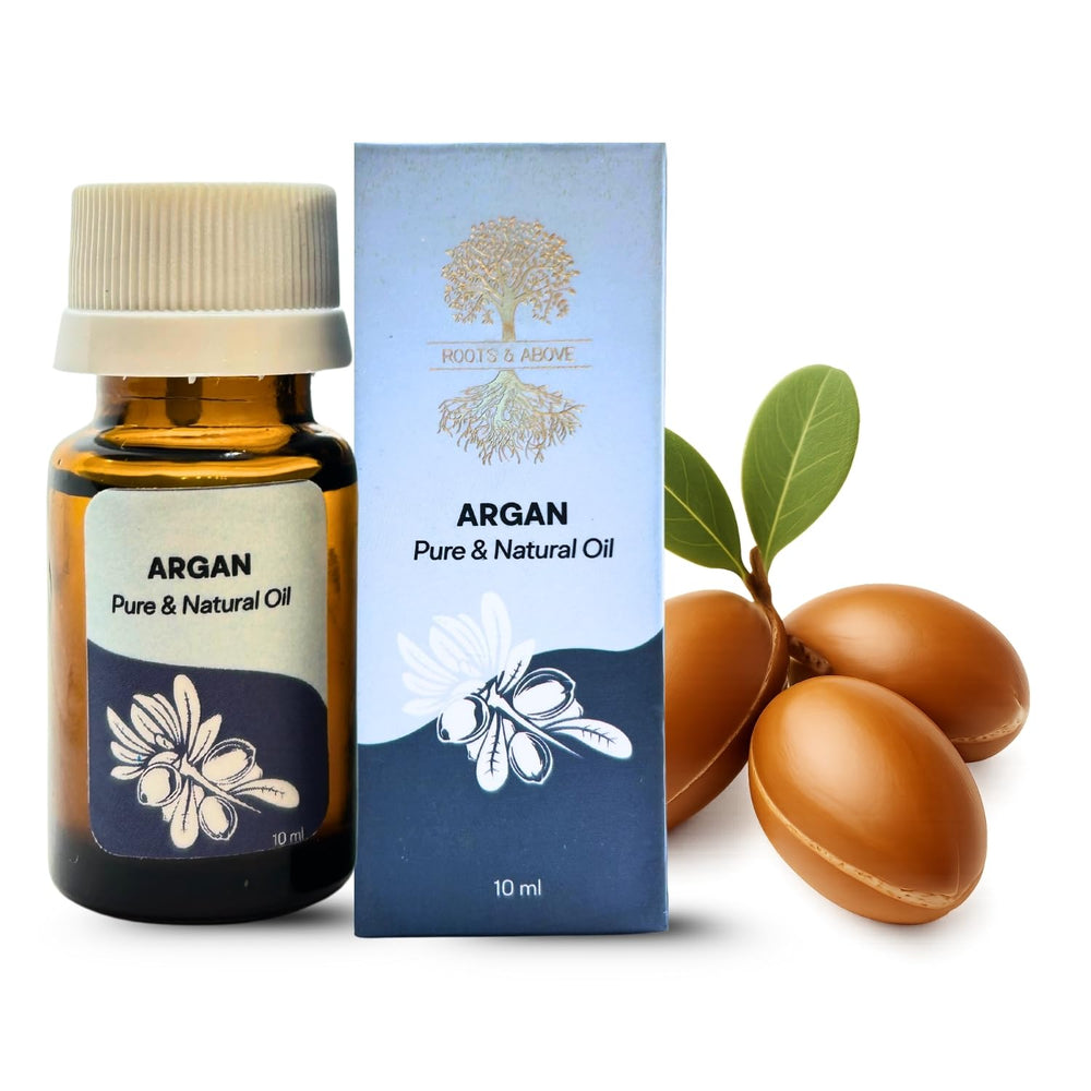 Roots & Above Argan Oil 10ml bottle for lightweight, fast-absorbing facial hydration.