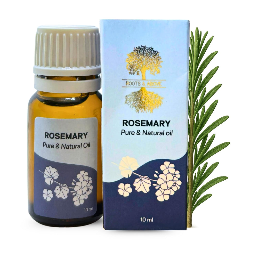 Roots & Above Rosemary Essential Oil bottle pour for a refreshing aroma