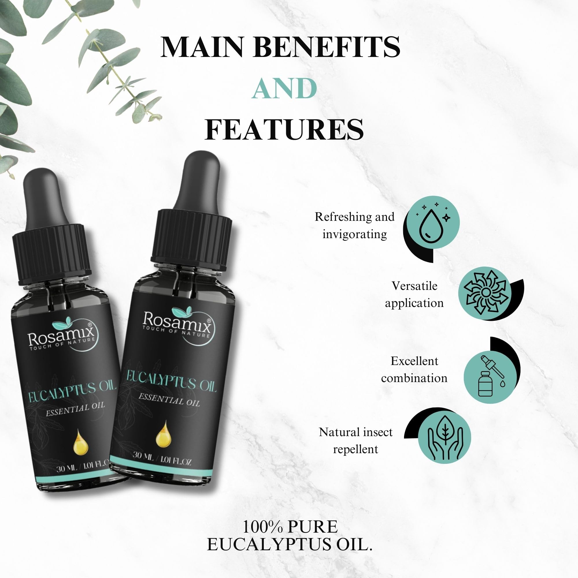 Rosamix Eucalyptus Oil bath setup suggests calming soaks and gentle aroma.