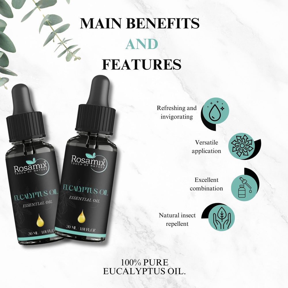 Rosamix Eucalyptus Oil bath setup suggests calming soaks and gentle aroma.