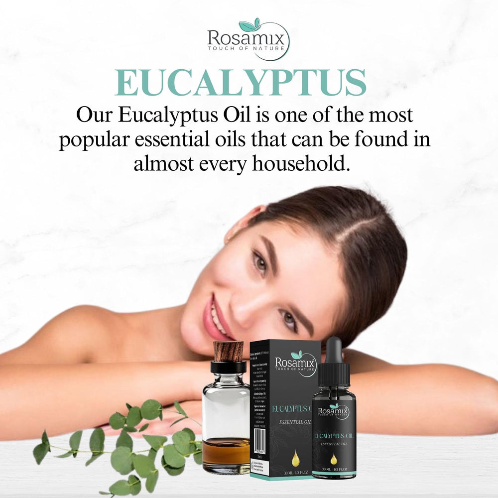 Rosamix Eucalyptus Oil label closeup highlights premium packaging and quality.