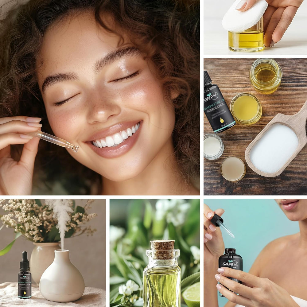 Rosamix Frankincense oil dropper enables precise skincare and diffuser applications.