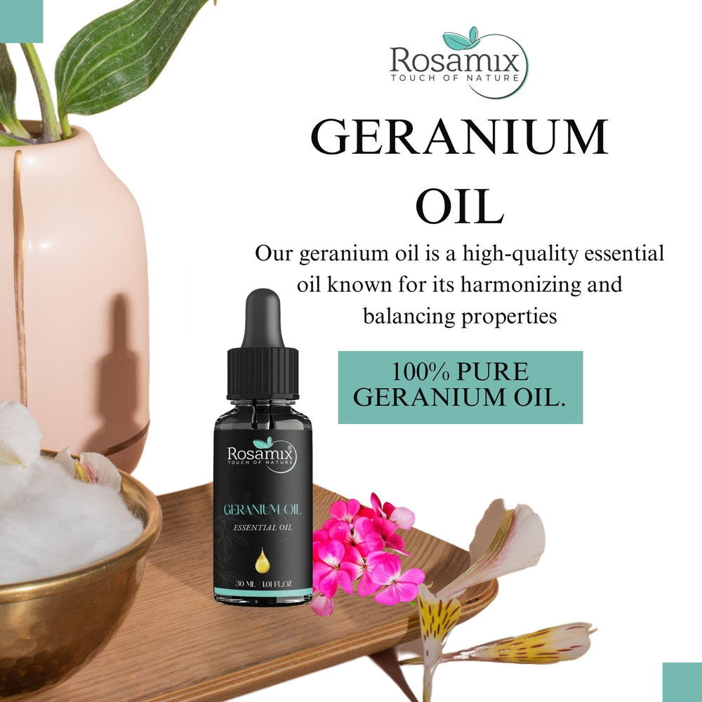 Massage-ready Rosamix geranium oil blend for a gentle, refreshing rub.