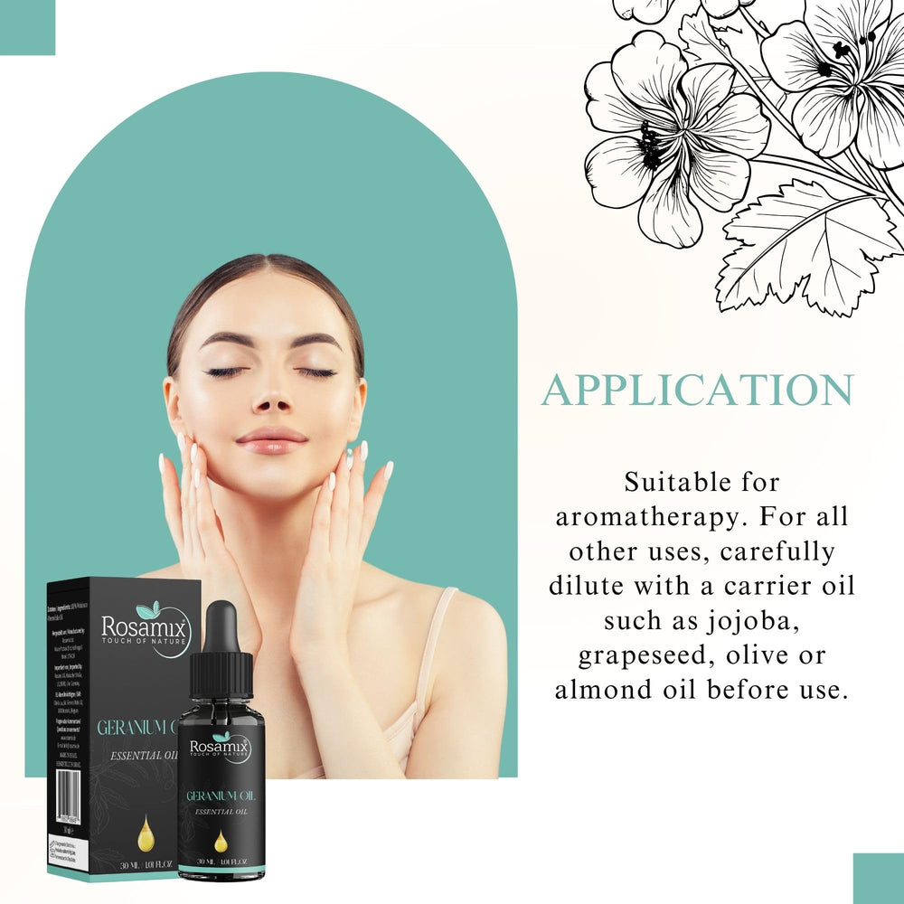 Rosamix geranium oil used in skincare routine for moisturized skin.