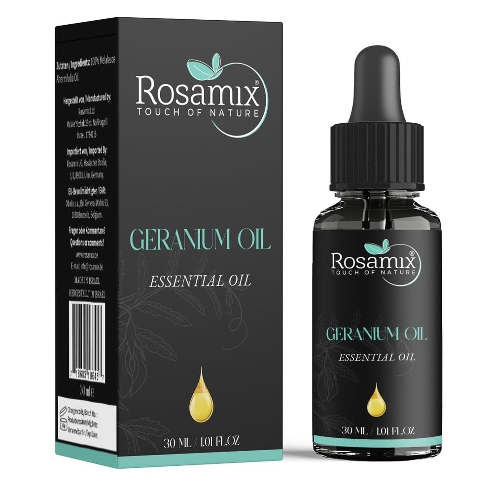Rosamix Pure Geranium Oil bottle with dropper for easy application and aroma.