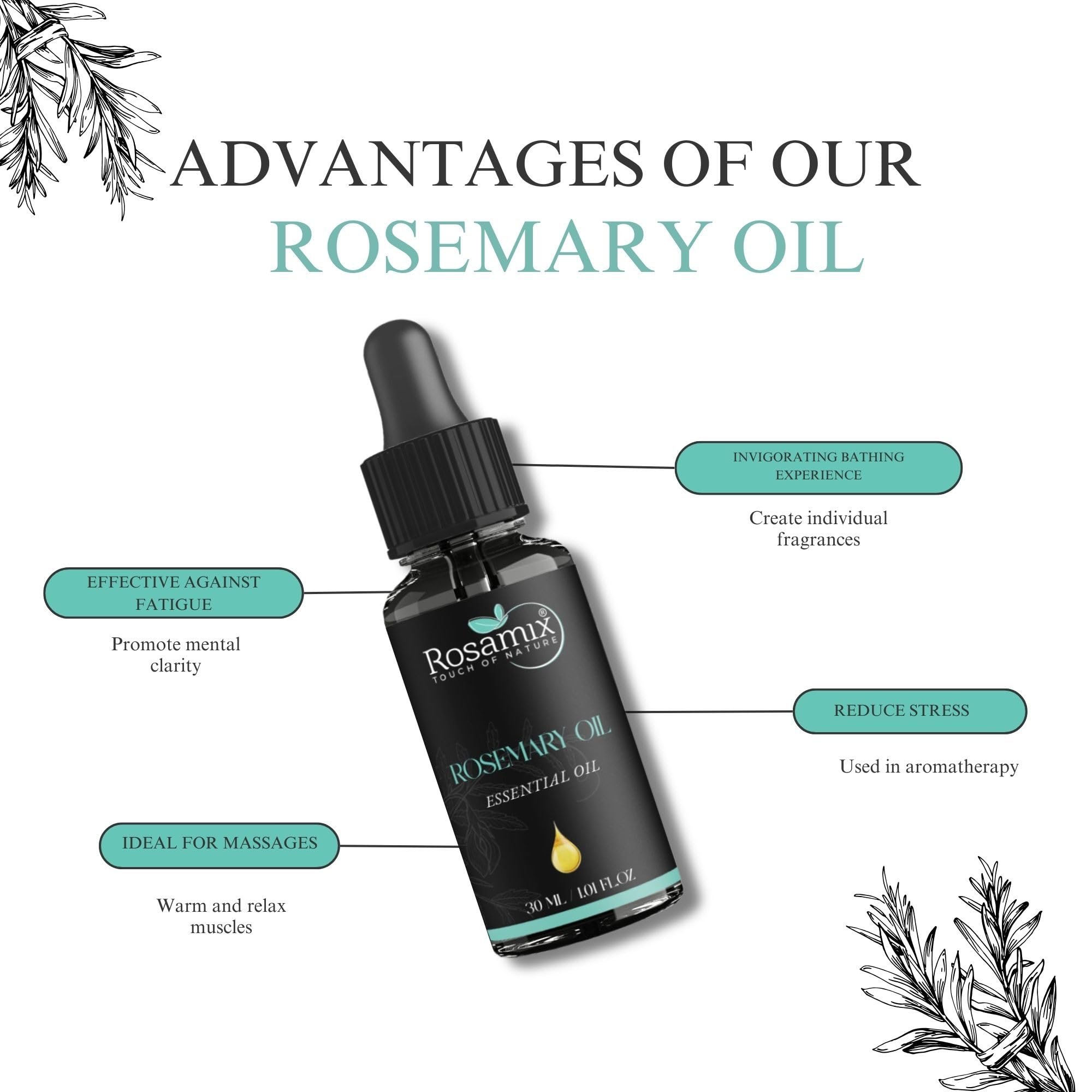 Rosamix rosemary oil packaging image showcasing premium bottle and dropper