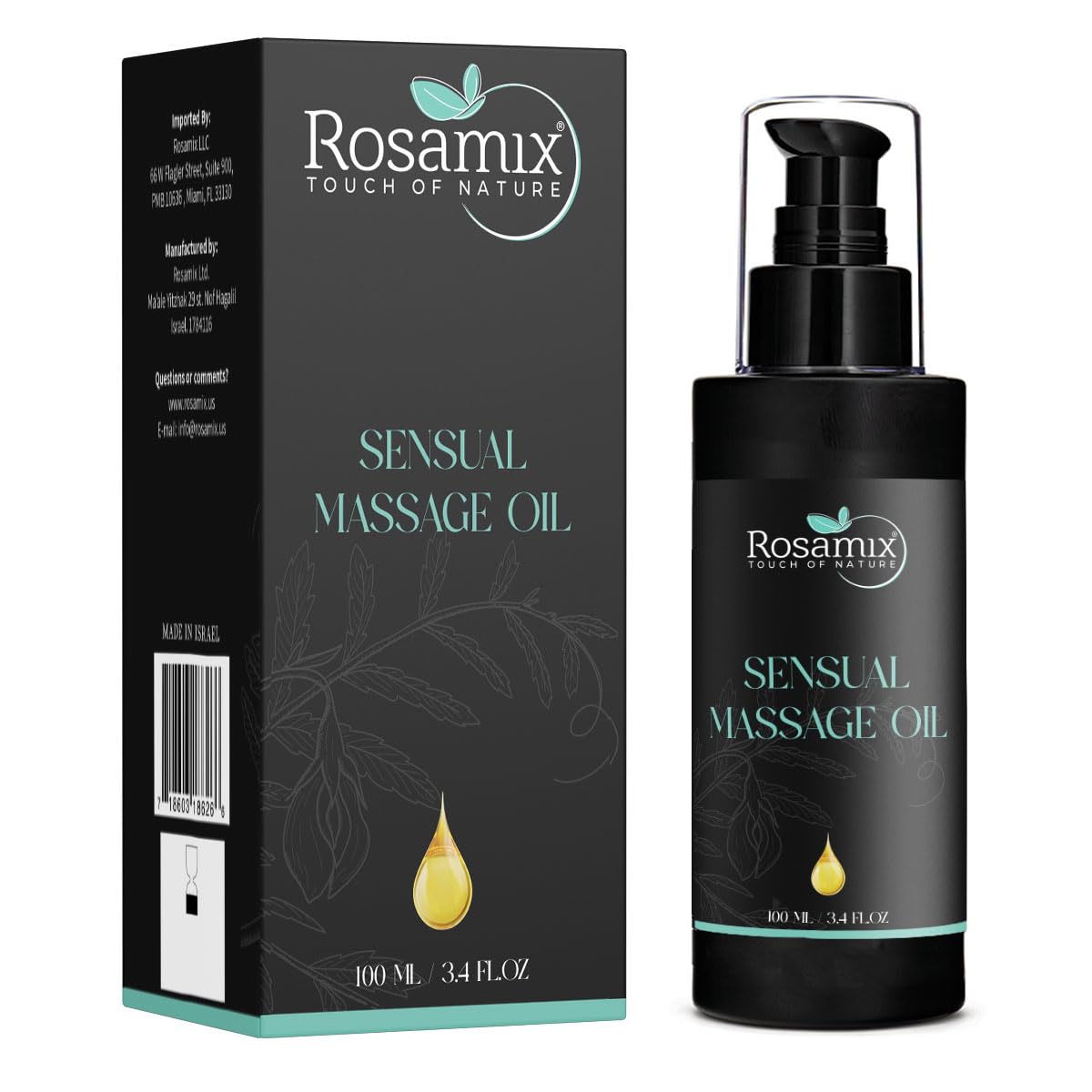 Rosamix sensual massage oil bottle delivers silky, hydrated skin during use.