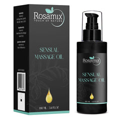 Rosamix sensual massage oil bottle delivers silky, hydrated skin during use.