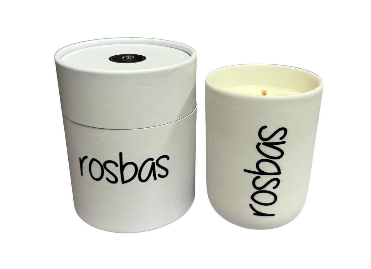 Rosbas Gardenia Candle in a white ceramic jar delivers a clean, long-lasting gardenia aroma.