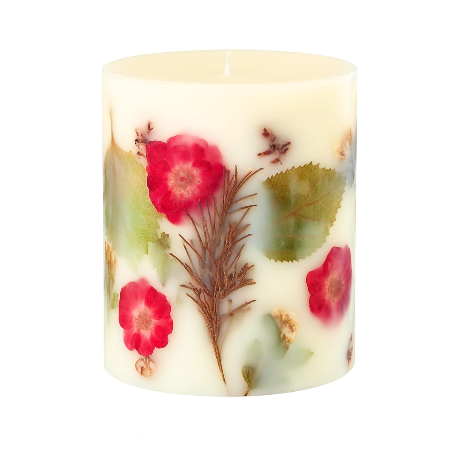 Rosy Rings Essence of Christmas candle with pressed red rose enhances festive centerpiece.