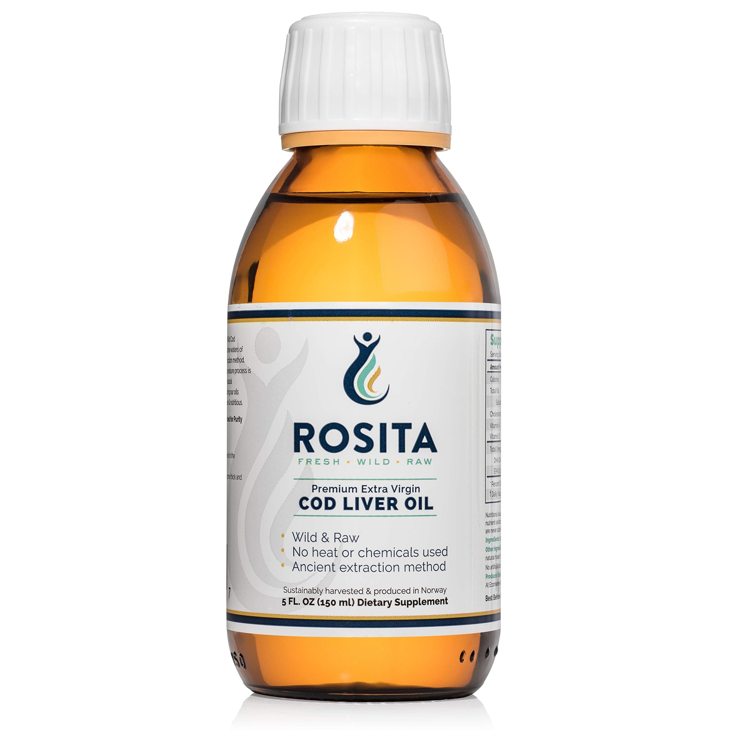 Rosita Real Foods cod liver oil liquid bottle pour highlighting purity and omega-rich benefits