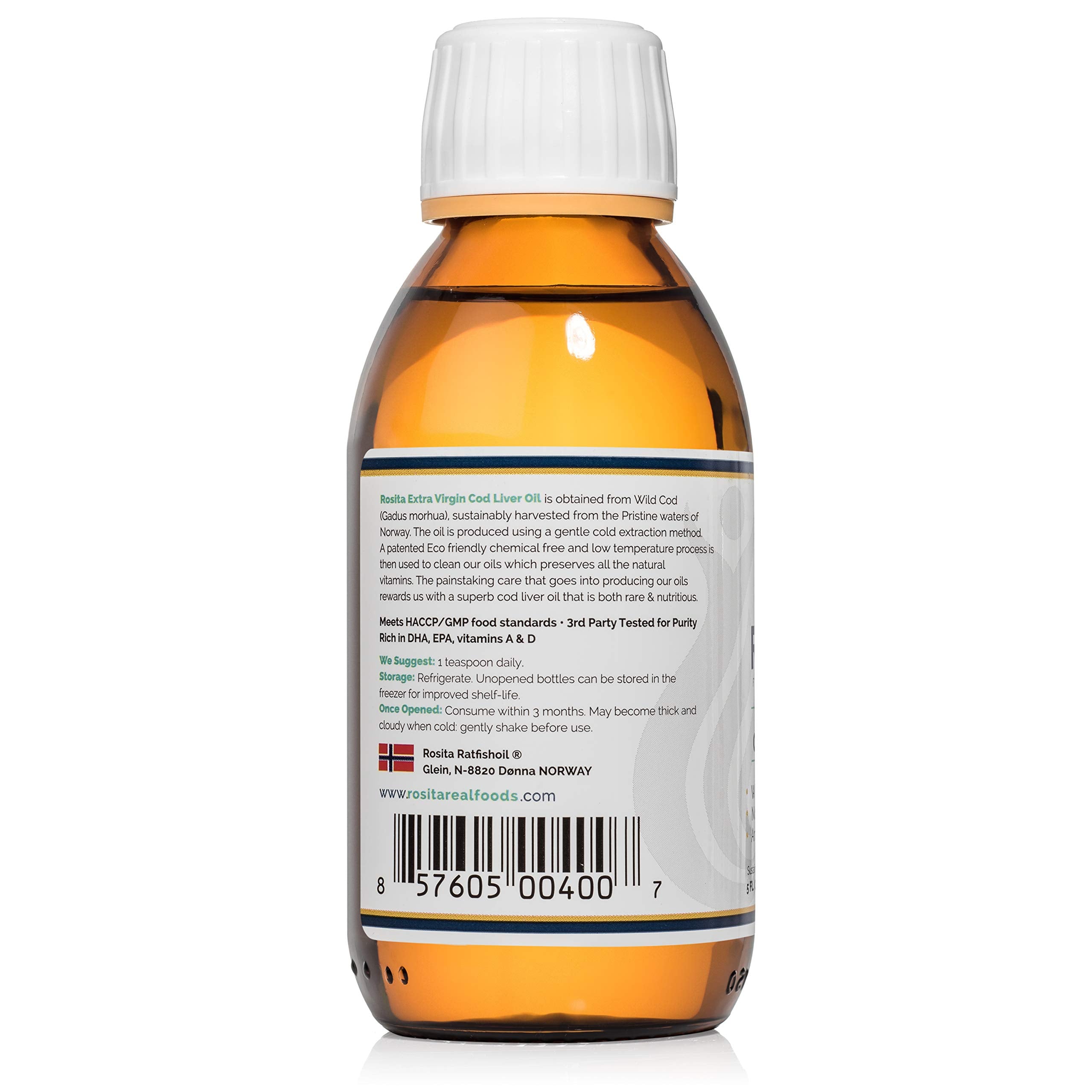 Rosita Real Foods cod liver oil liquid packaging shows glass bottle for purity and traceability