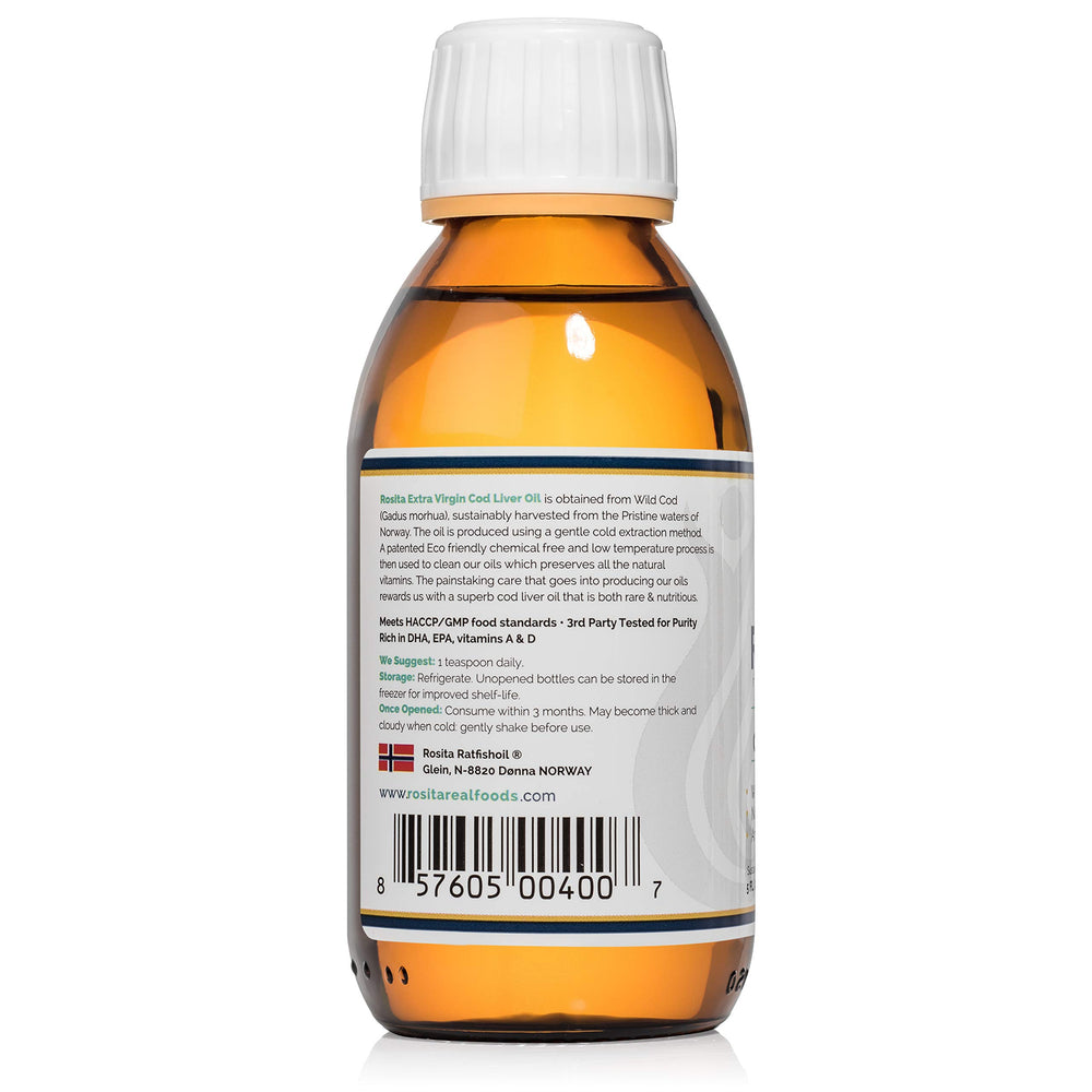 Rosita Real Foods cod liver oil liquid packaging shows glass bottle for purity and traceability