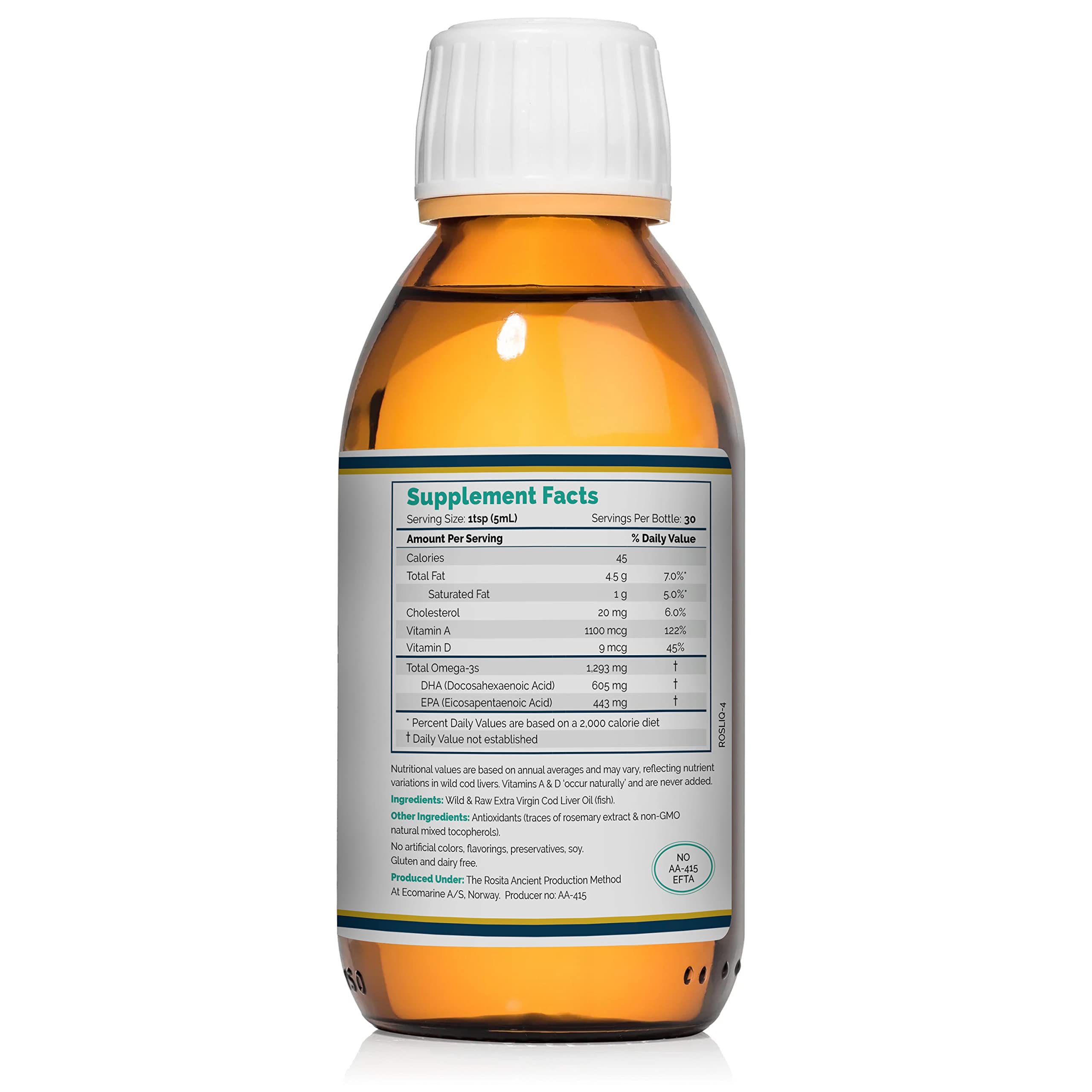 Rosita Real Foods cod liver oil liquid bottle label close-up emphasizing purity and sustainability
