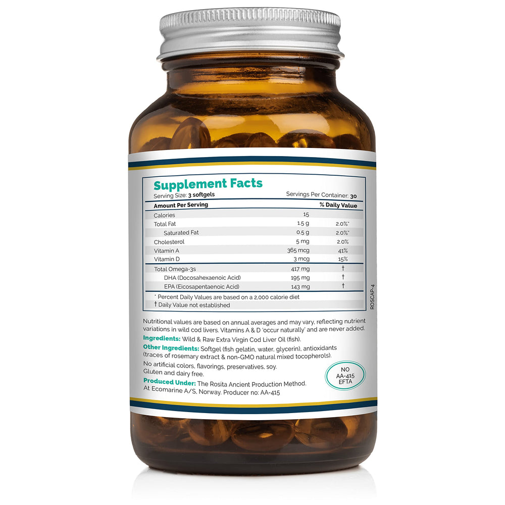 Rosita softgels bottle close-up showcasing natural source oil and no synthetic vitamins.