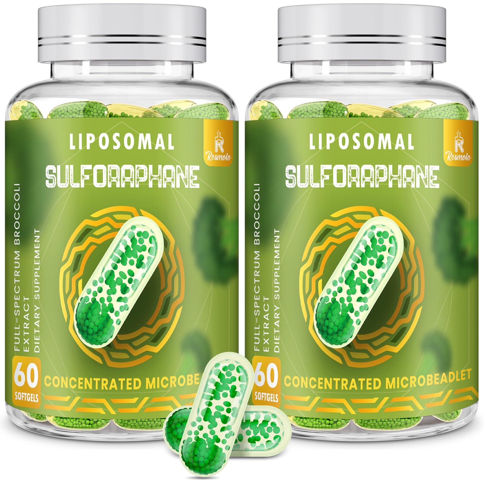 Rosmolo 800mg liposomal sulforaphane bottle highlights high-absorption daily support.