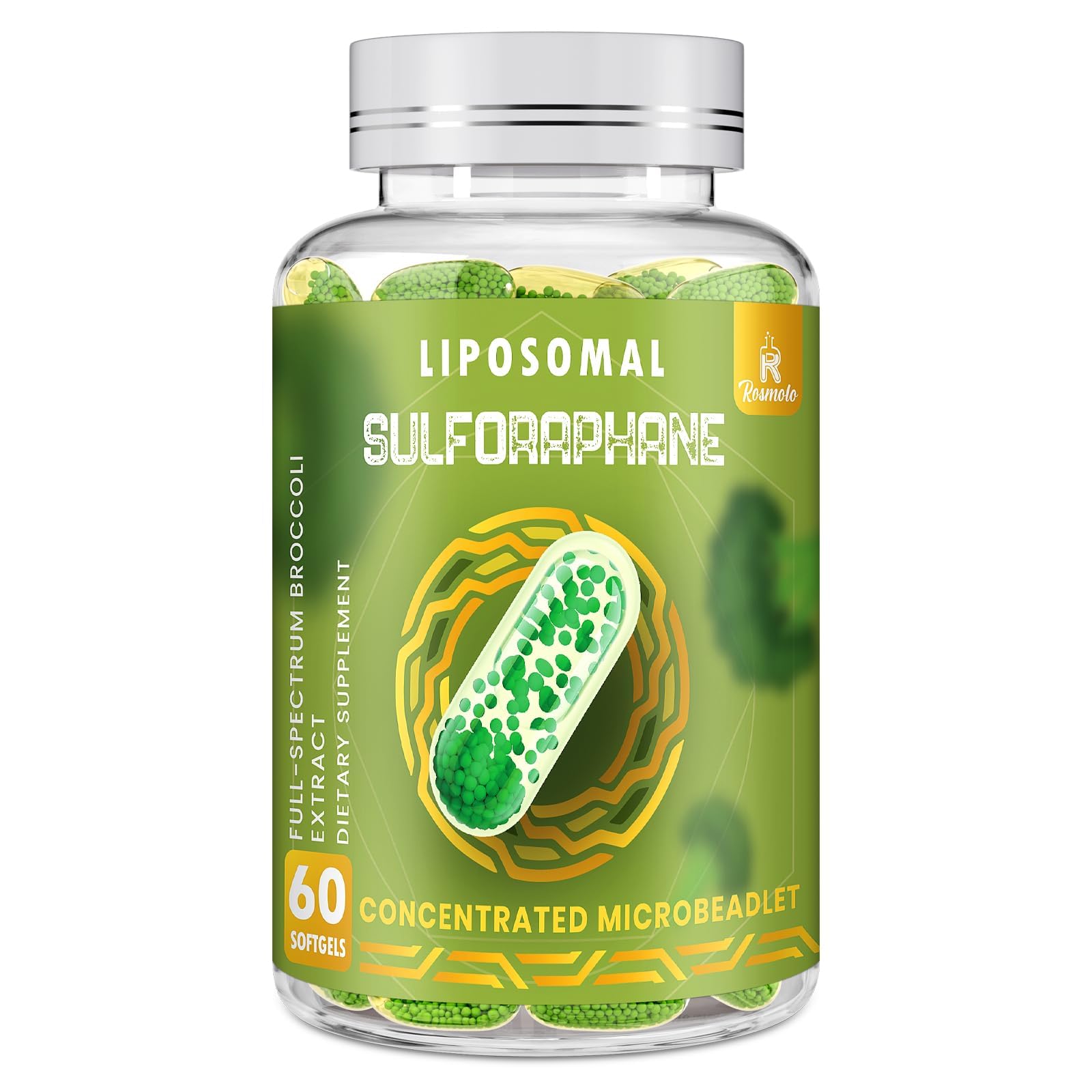 Rosmolo 800mg liposomal sulforaphane softgel closeup for daily support.