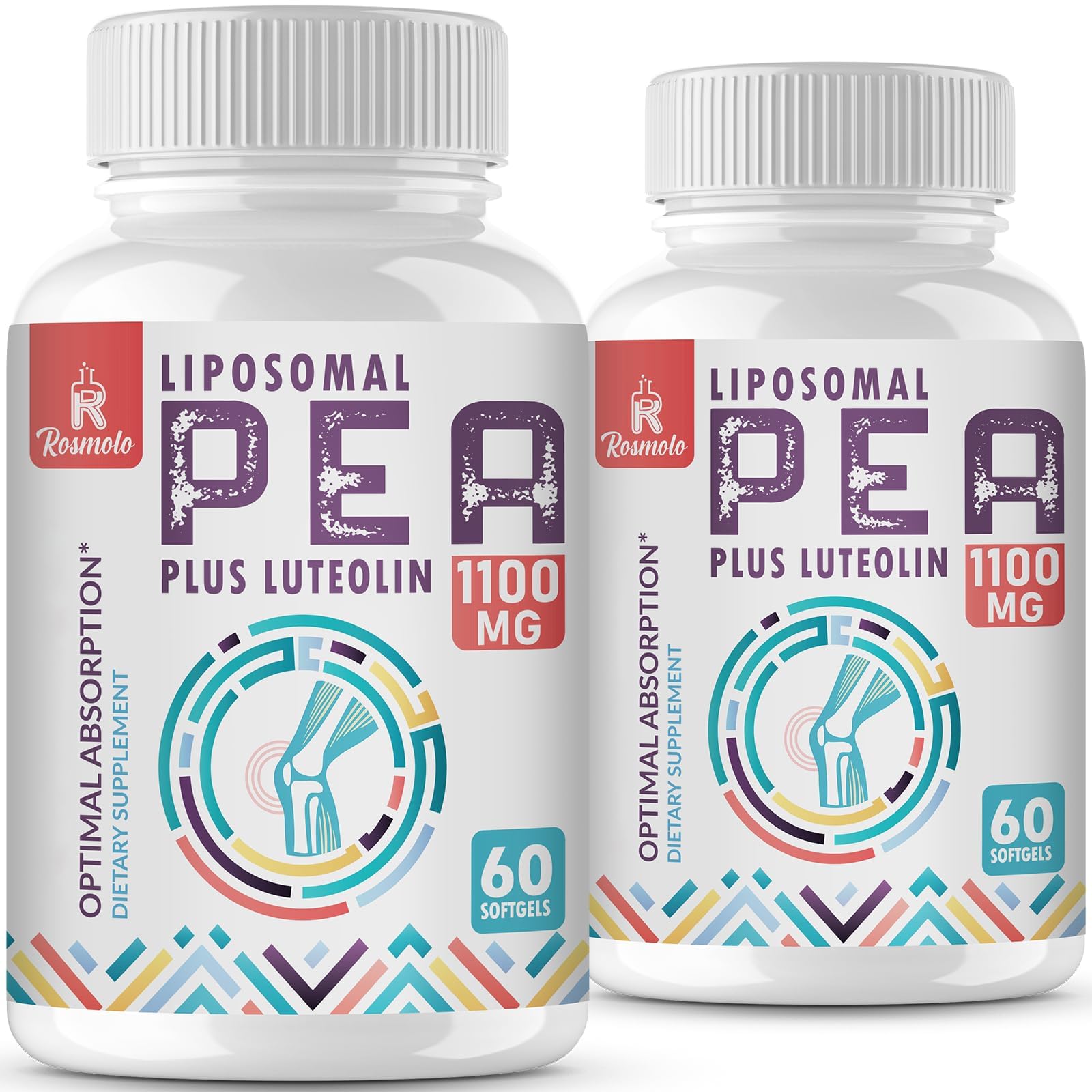 Rosmolo Liposomal PEA softgels in a bottle highlight the high-dose formula for daily use.