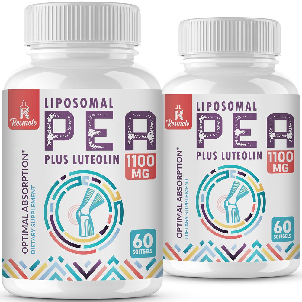 Rosmolo Liposomal PEA softgels in a bottle highlight the high-dose formula for daily use.