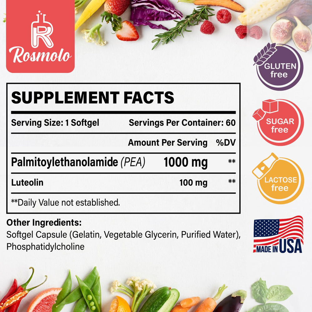 Rosmolo Liposomal PEA softgel capsules closeup emphasizes micronized 99% purity.