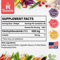 Rosmolo Liposomal PEA softgel capsules closeup emphasizes micronized 99% purity.