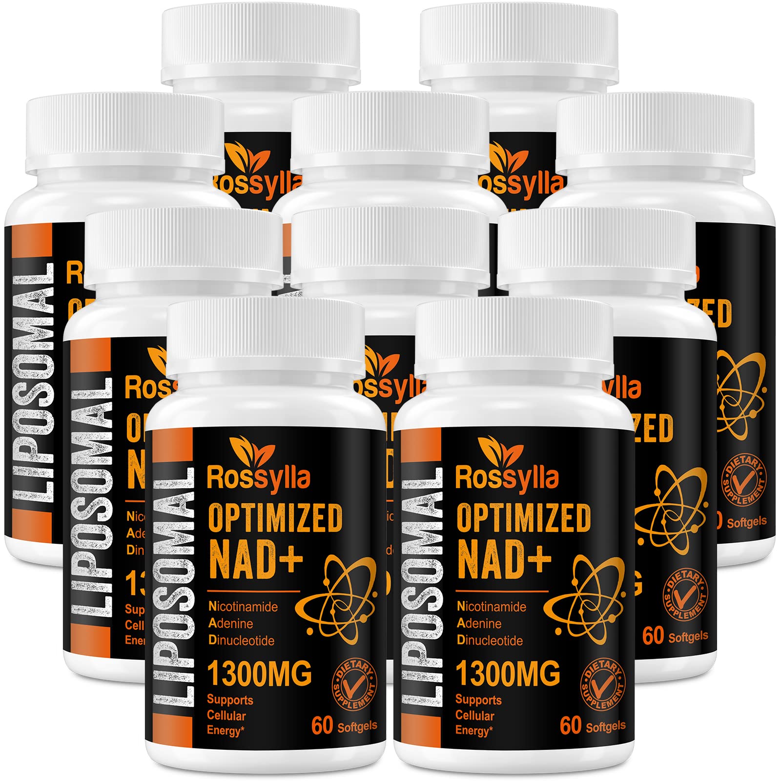 Rossylla 1300mg liposomal NAD+ bottle highlighting high-potency delivery for daily energy support.