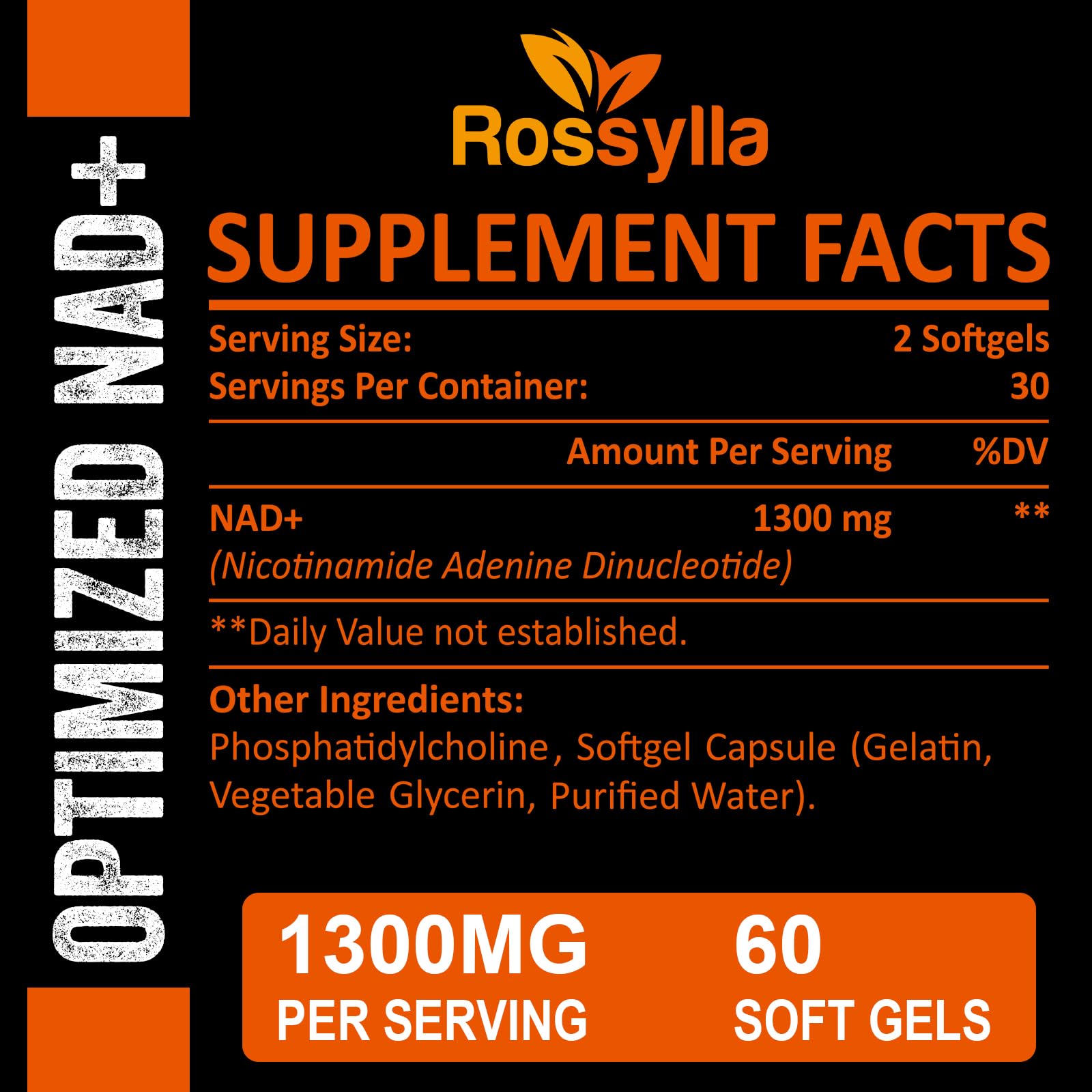 Rossylla liposomal NAD+ 1300mg capsules ready for everyday use and absorption.