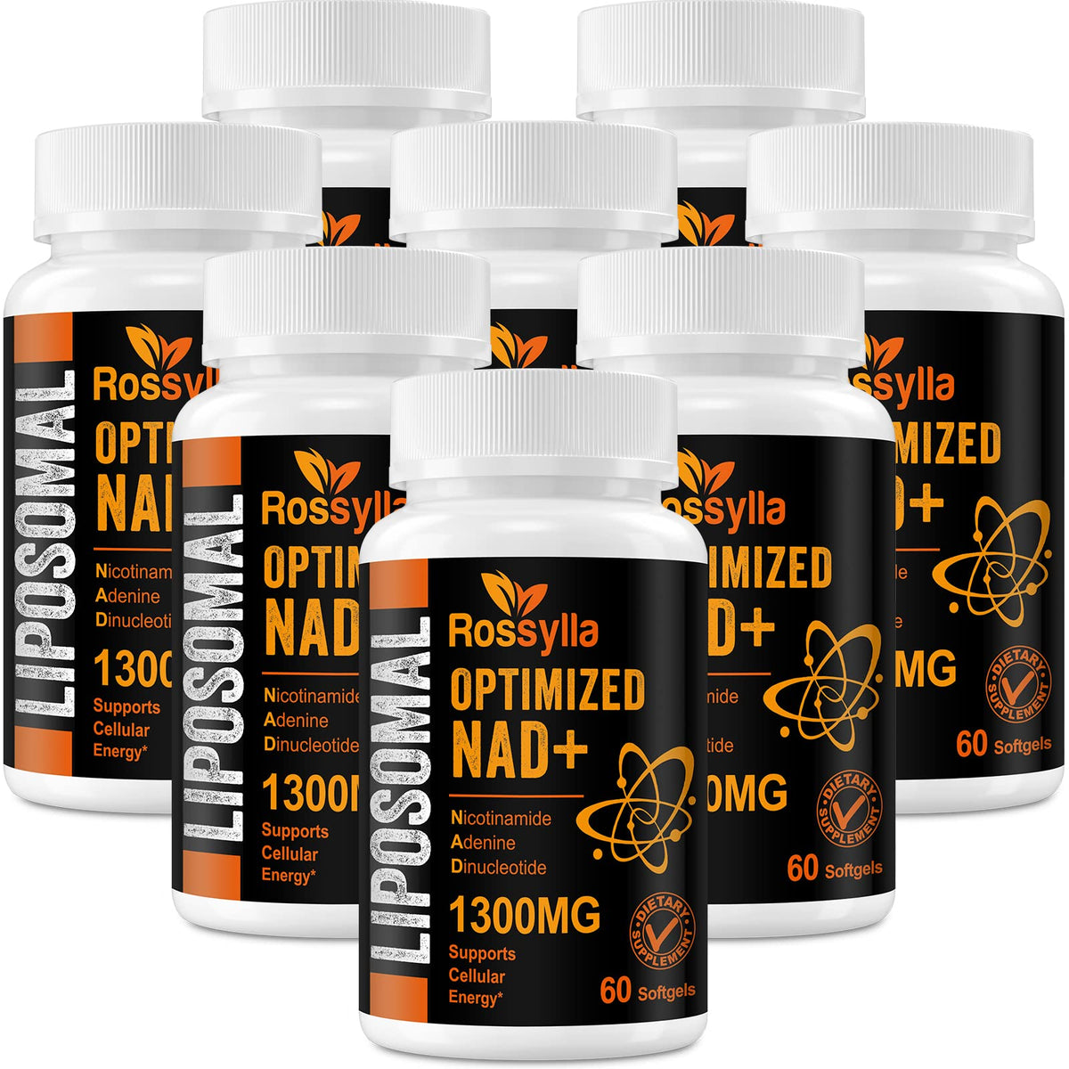 Rossylla NAD+ 1300mg liposomal bottle label highlights potency