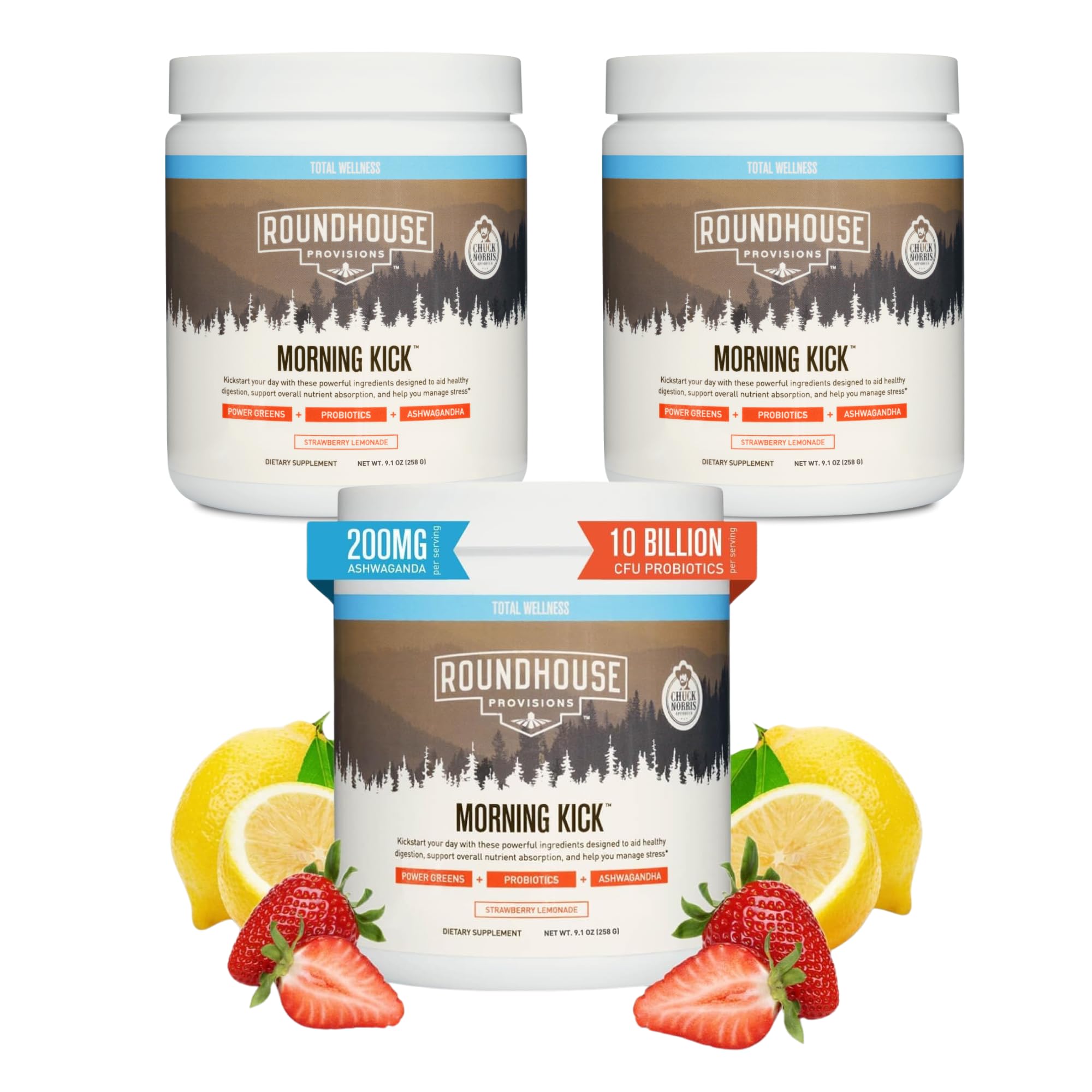 ROUNDHOUSE PROVISION Morning Kick bottle-front with strawberry lemonade flavor for daily greens