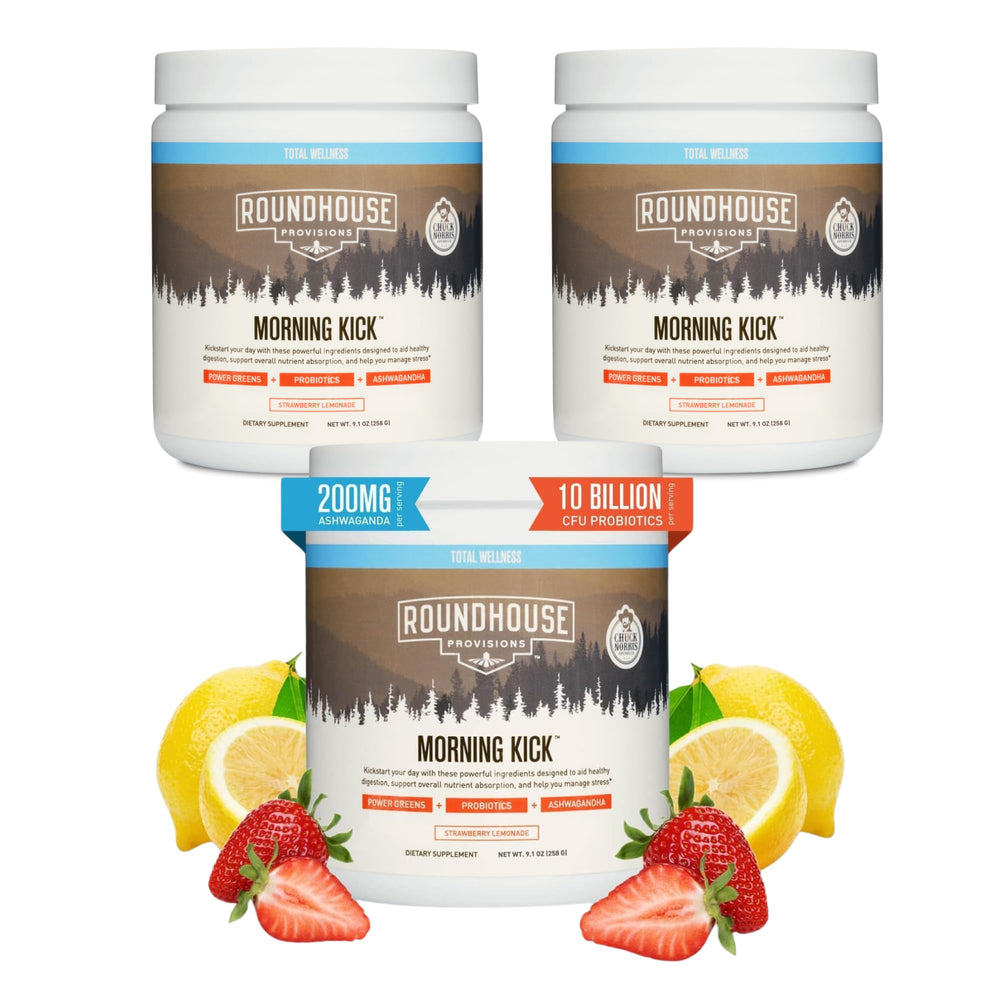 ROUNDHOUSE PROVISION Morning Kick bottle-front with strawberry lemonade flavor for daily greens