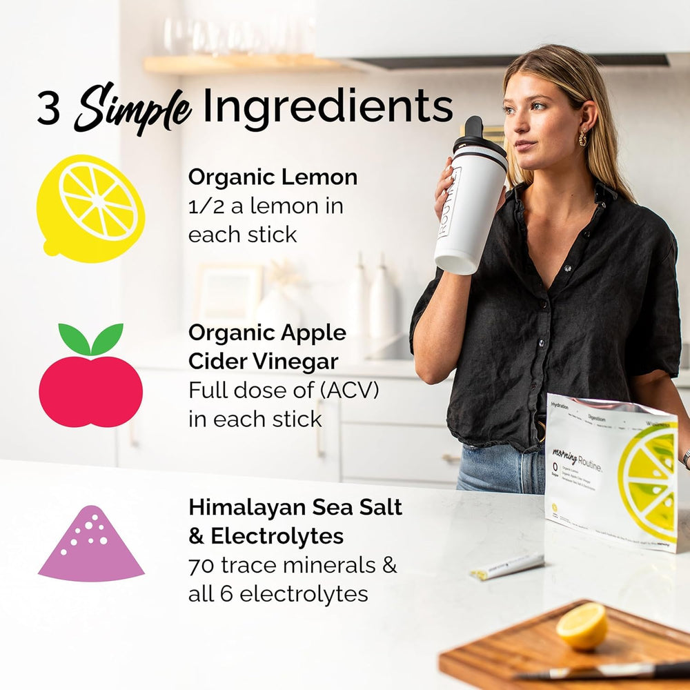 ROUTINE ACV powder visuals highlight quick morning hydration with tangy lemon.