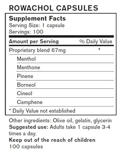 Closeup of Rowachol capsules bottle, easy-to-take daily supplement for everyday use.