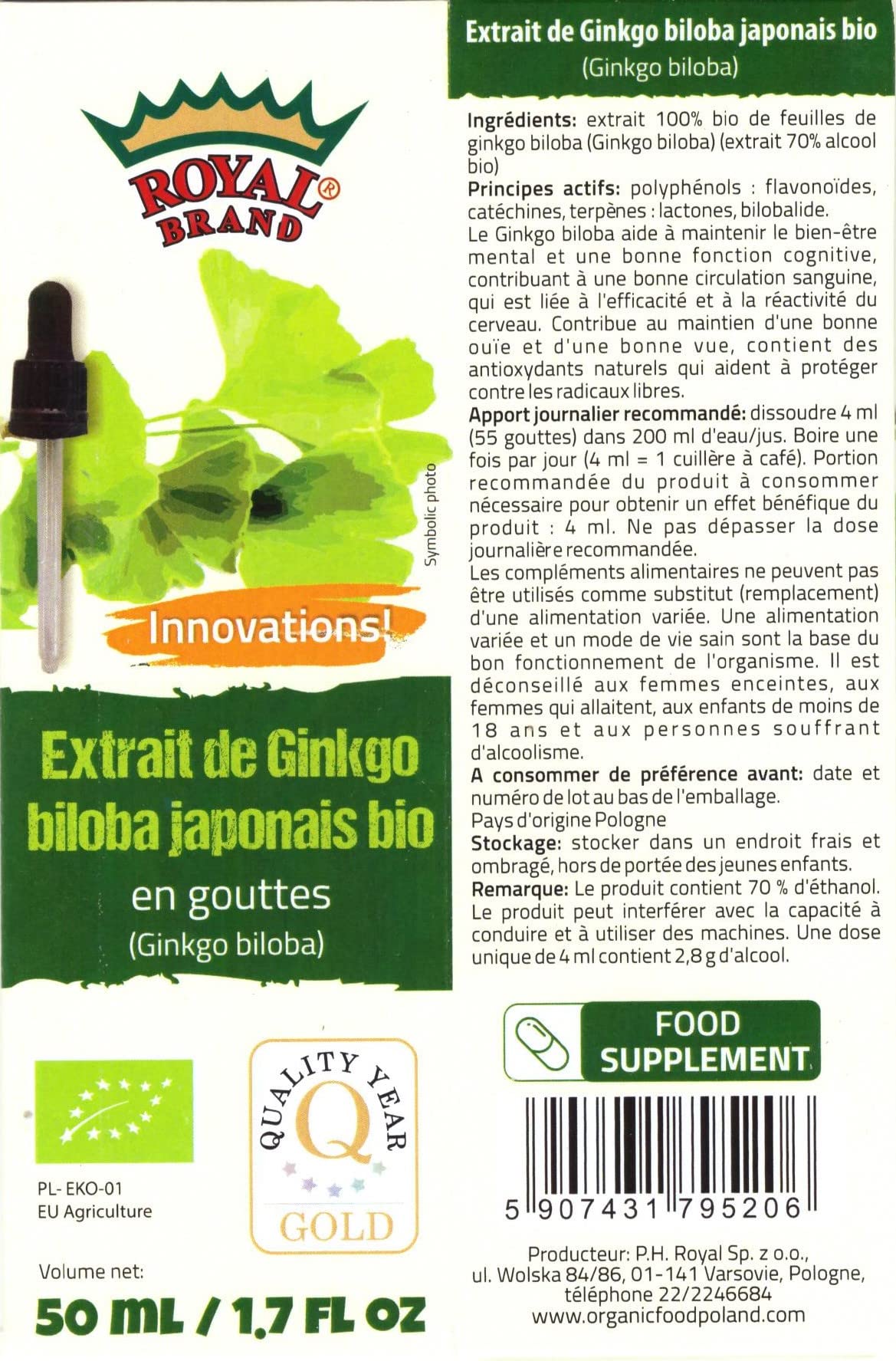 Royal Brand Ginkgo Biloba Organic Extract bottle close-up emphasizing amber liquid