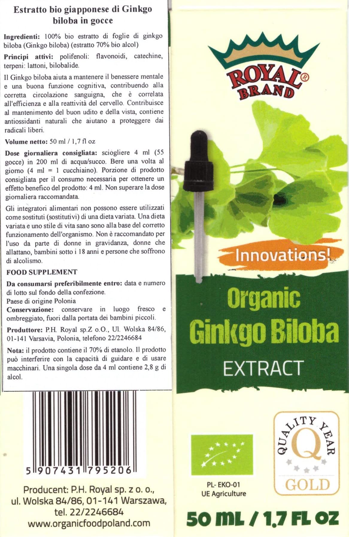 Royal Brand Ginkgo Biloba Organic Extract drops dissolving in water for flexible dosing