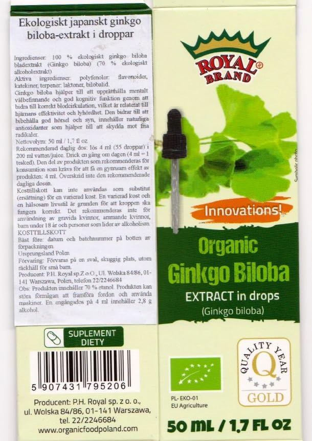 Royal Brand Ginkgo Biloba Organic Extract ingredients panel highlighting organic components