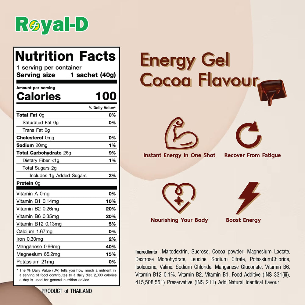 Royal-D Energy Gel cocoa sachet in hand for convenient fueling during activity