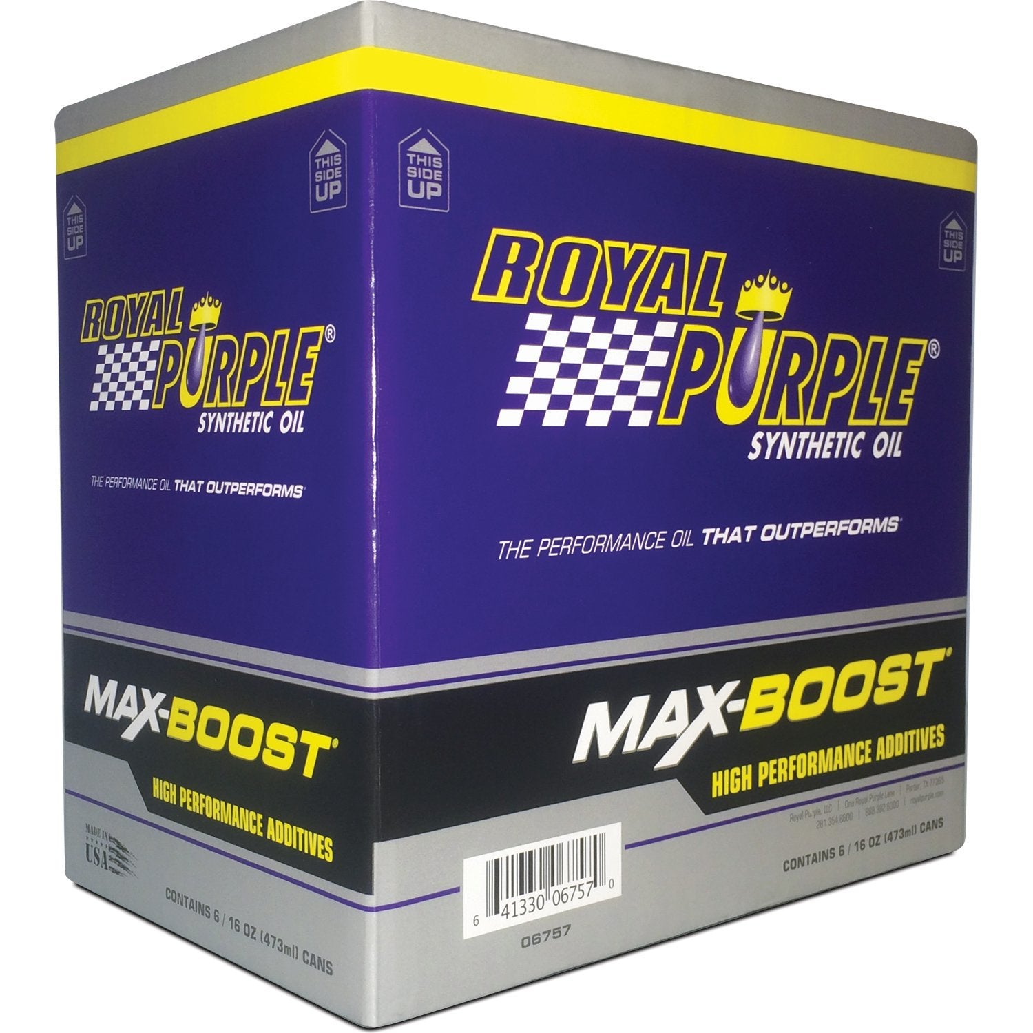 Royal Purple Max Boost bottle in a six-pack; supports engine protection and performance.
