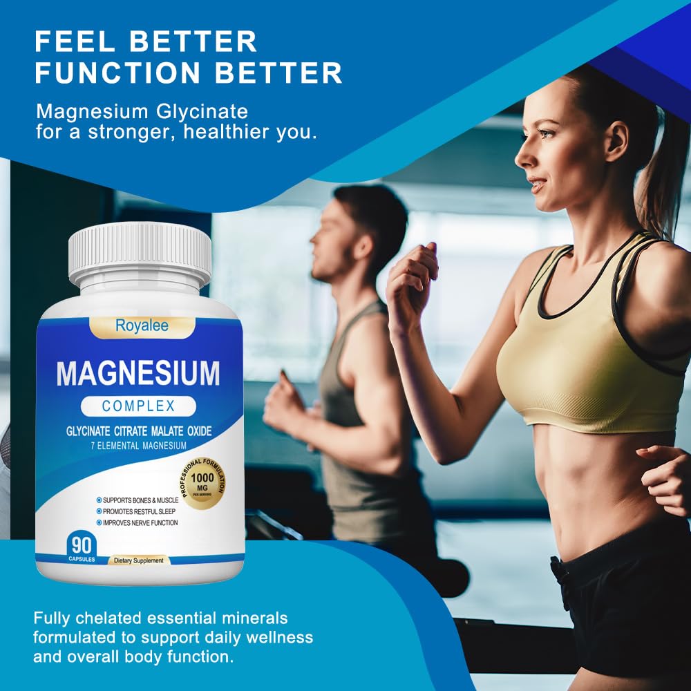 Royalee magnesium capsules on wooden table for easy daily use.