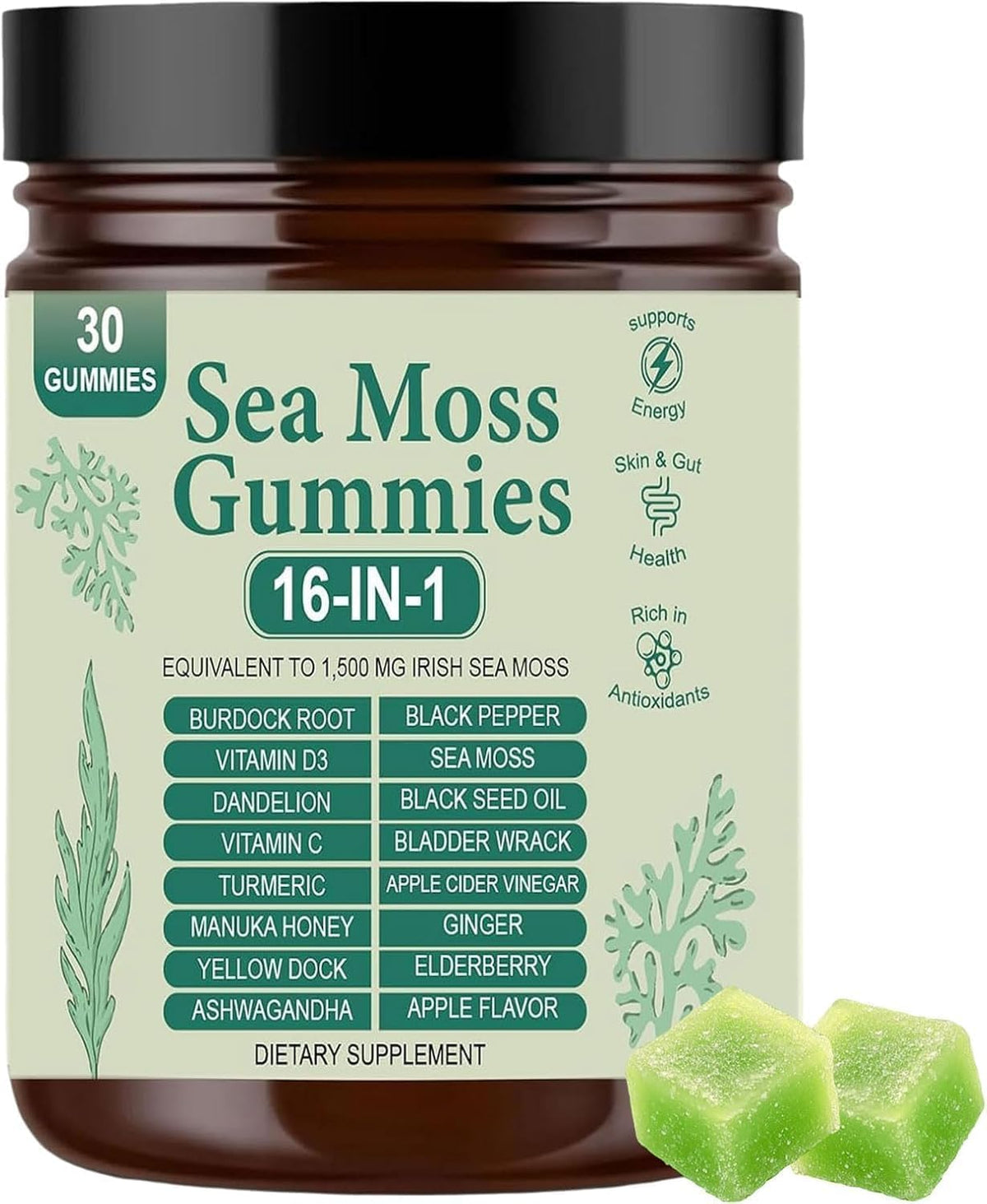RRIVAN Sea Moss Gummies bottle on wood for convenient daily wellness.