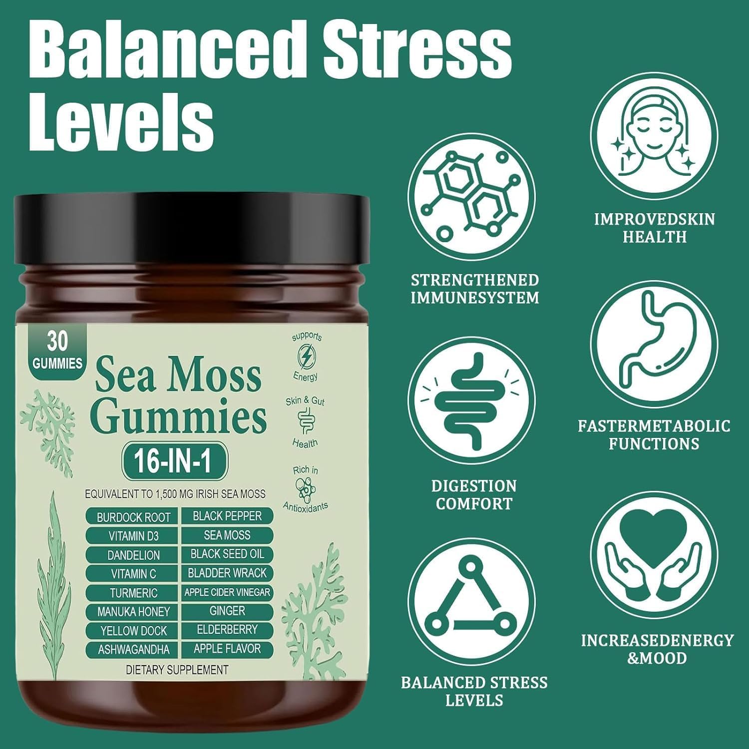 RRIVAN Sea Moss Gummies 16-in-1 ingredients highlight immune and energy support.