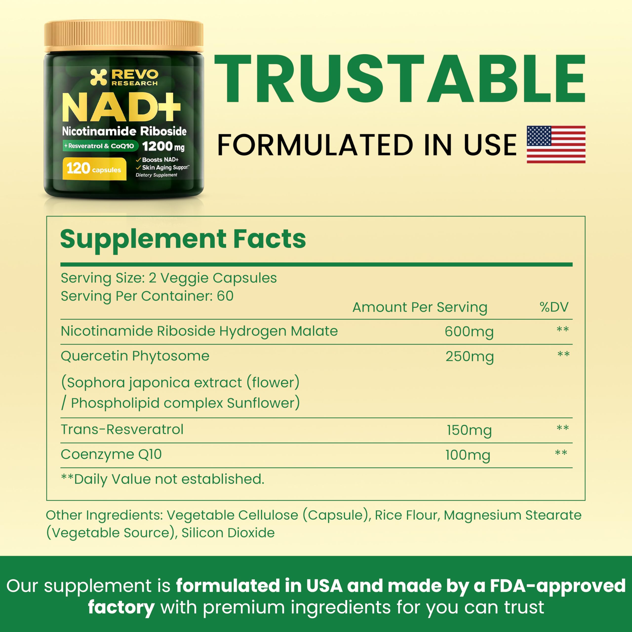 RRTFV NAD+ composition-scene suggests balanced antioxidant support with Resveratrol and CoQ10.