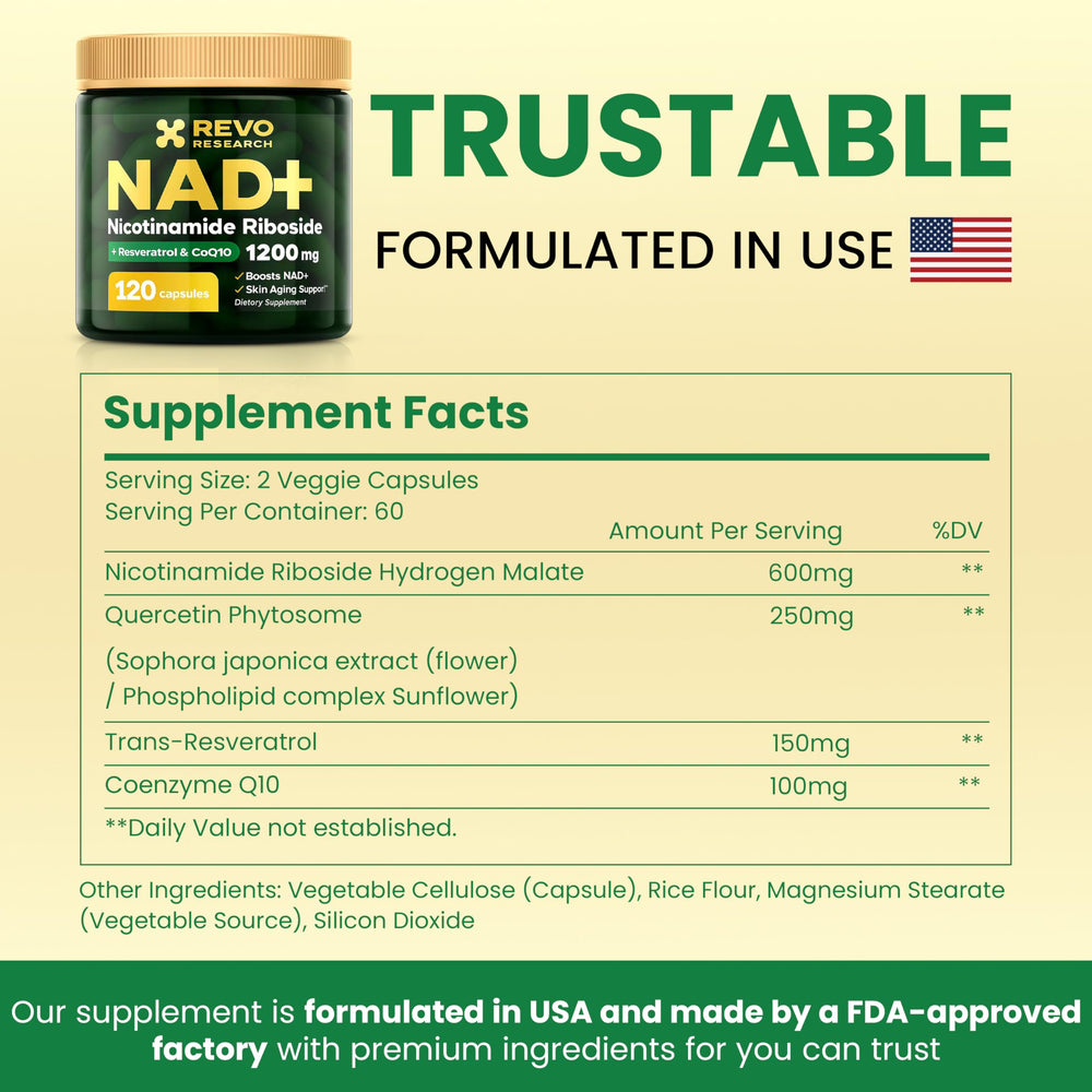RRTFV NAD+ composition-scene suggests balanced antioxidant support with Resveratrol and CoQ10.